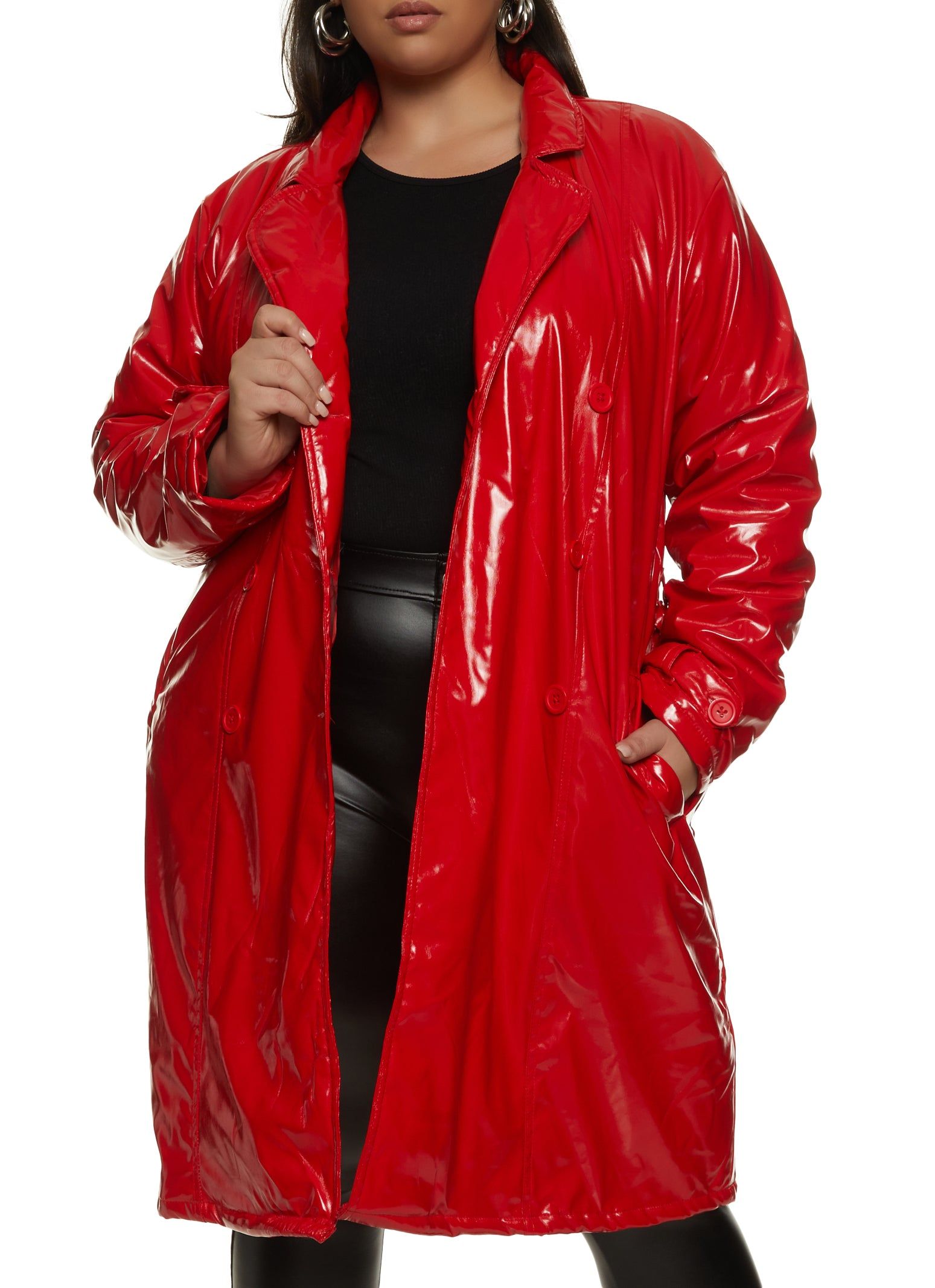 Plus Size Faux Patent Leather Belted Puffer Trench Coat sold by Rainbow