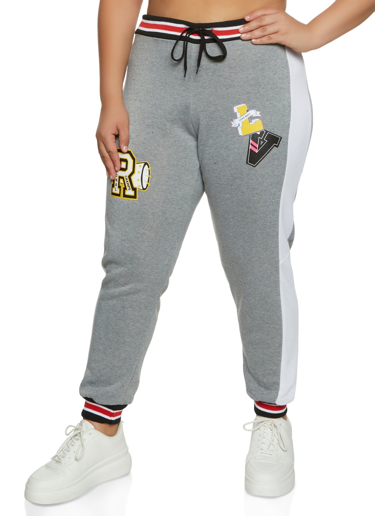 Plus Size Fleece Graphic Varsity Joggers sold by Rainbow