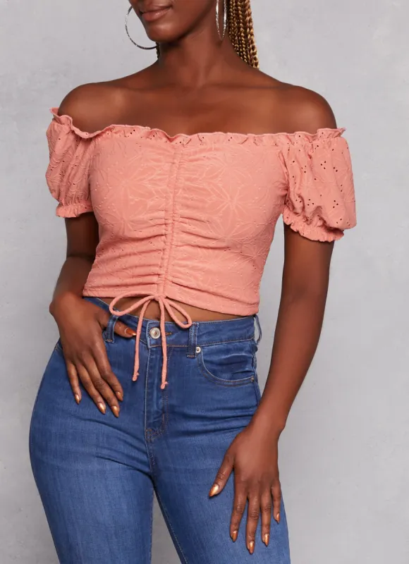 Eyelet Ruched Front Peasant Top made by Rainbow