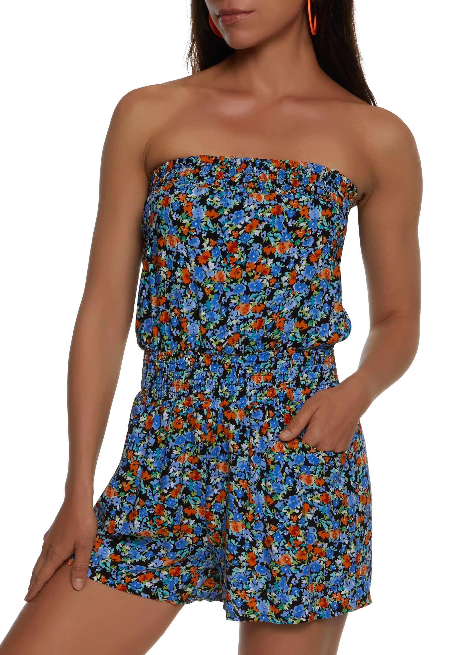 Floral Print Smocked Strapless Romper sold by Rainbow