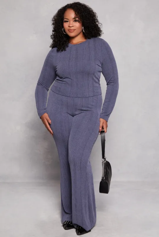 Plus Size Solid Ribbed High Waist Flare Pants sold by Rainbow