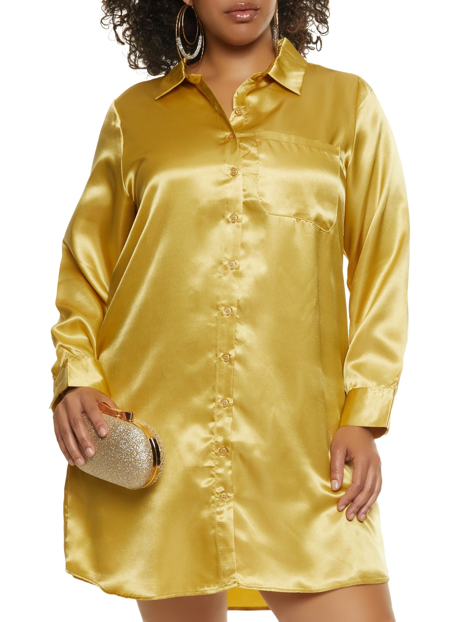 Plus Size Satin Button Front Shirt Dress sold by Rainbow