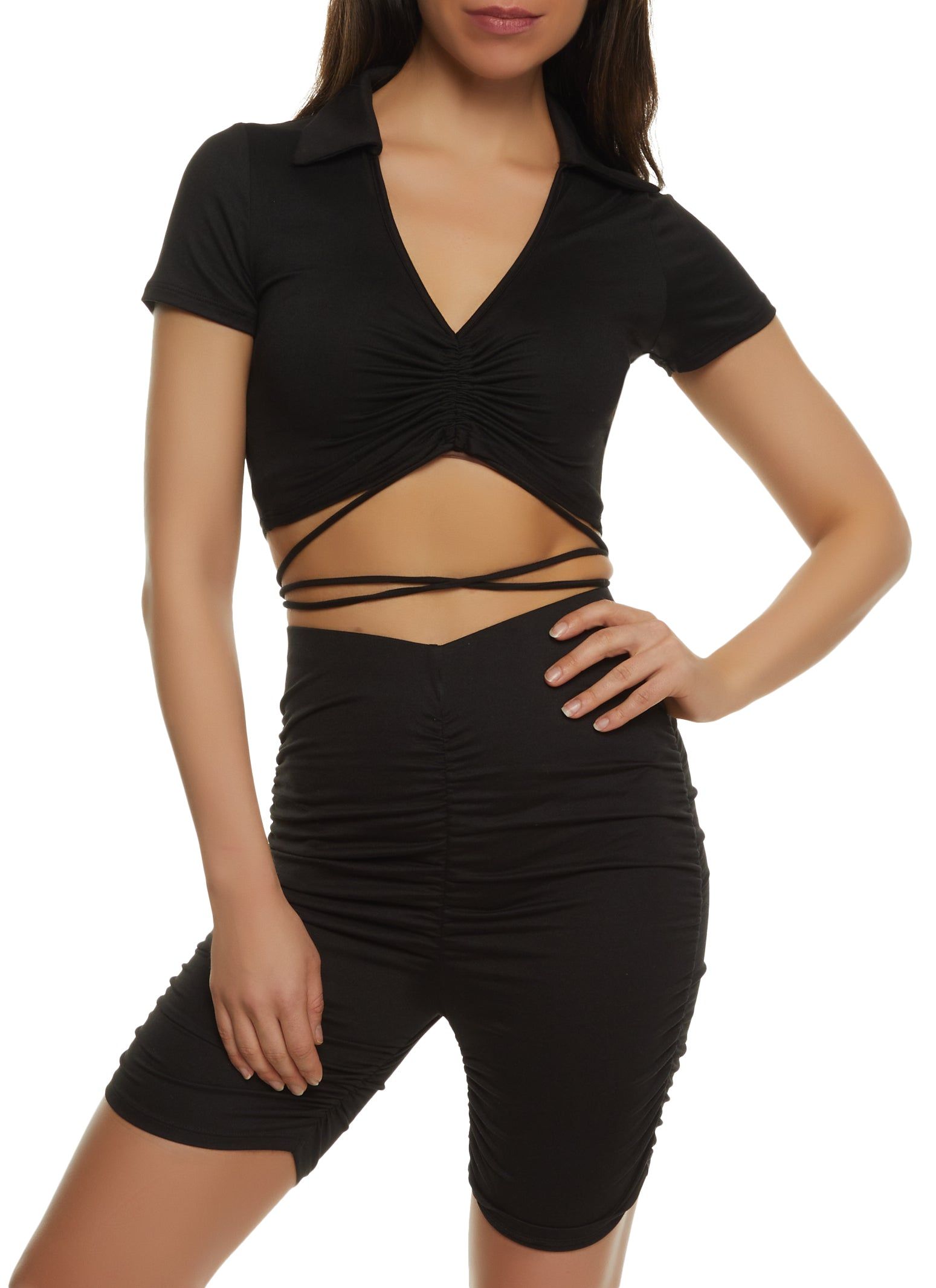 Criss Cross Tie Back Ruched Crop Top sold by Rainbow