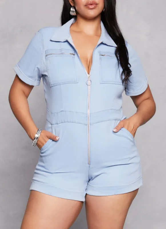 Plus Size Zip Front Collared Denim Romper sold by Rainbow
