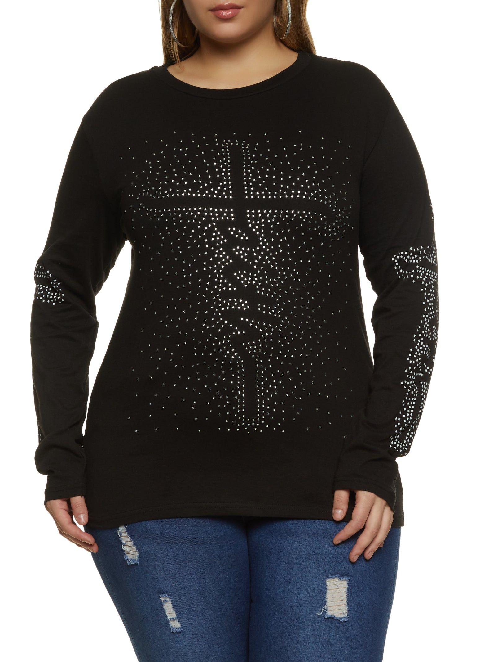 Plus Size Long Sleeve Faith Rhinestone Graphic Tee sold by Rainbow