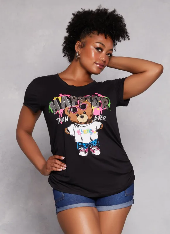 Plus Size Sequin Happier Graphic Tee sold by Rainbow