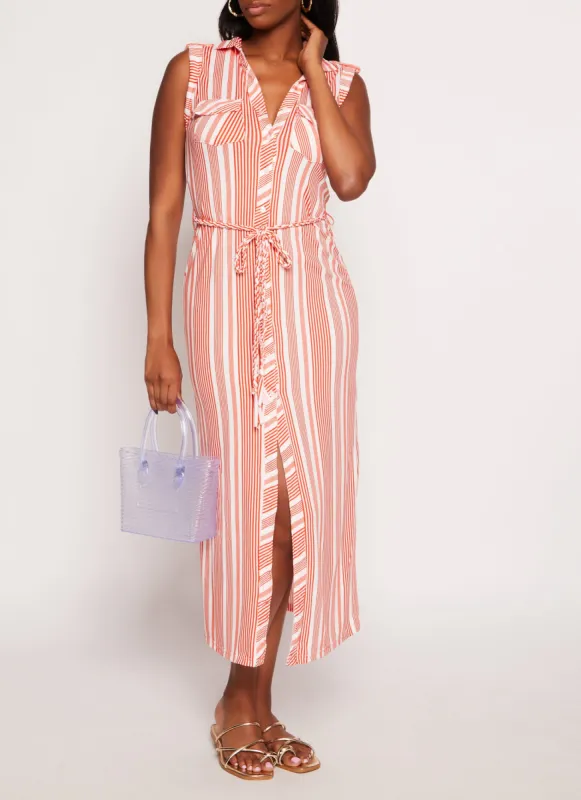 Sleeveless Striped Tie Waist Belted Shirt Dress sold by Rainbow