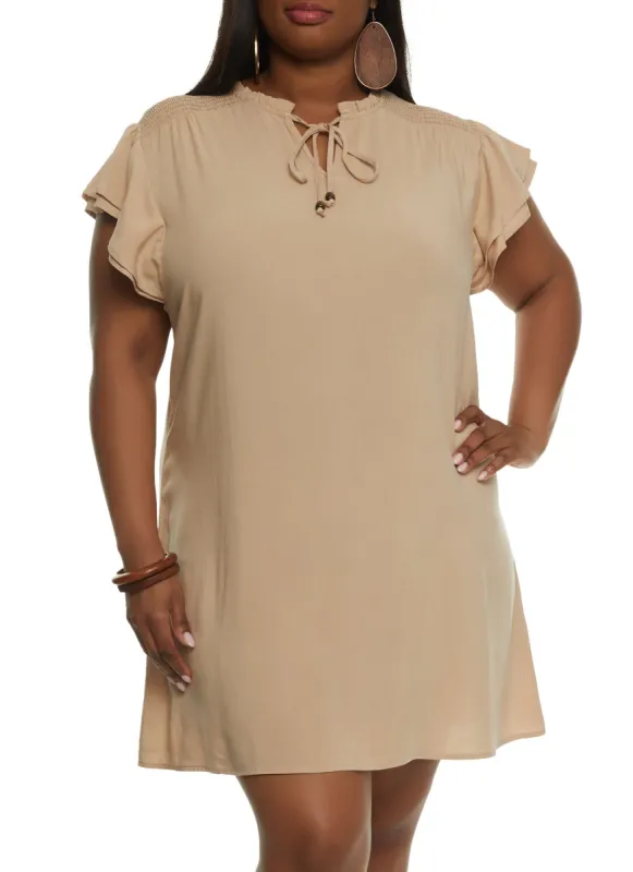 Plus Size Smocked Tie Neck Shift Dress sold by Rainbow
