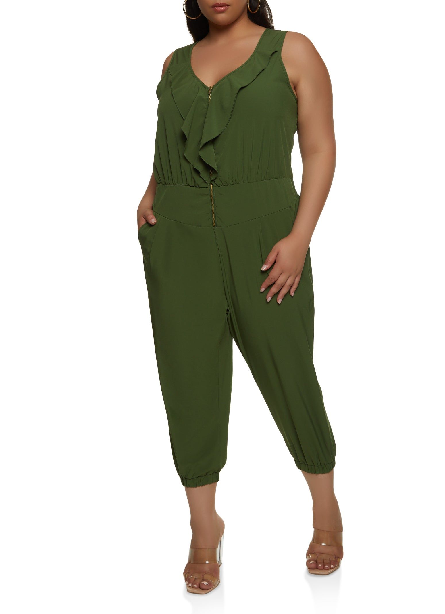 Plus Size Zip Front Ruffled Cropped Jumpsuit sold by Rainbow
