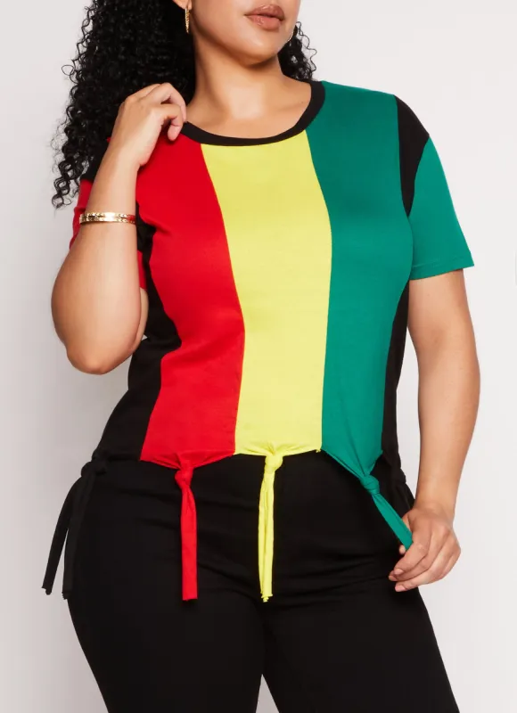 Plus Size Striped Knotted Fringe Hem T Shirt sold by Rainbow