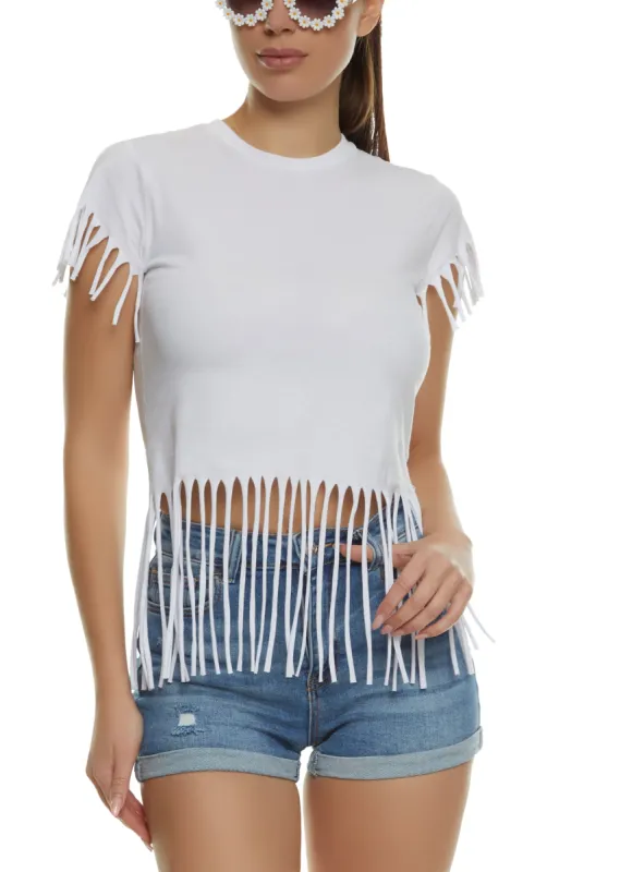 Fringe Hem Crew Neck Tee sold by Rainbow