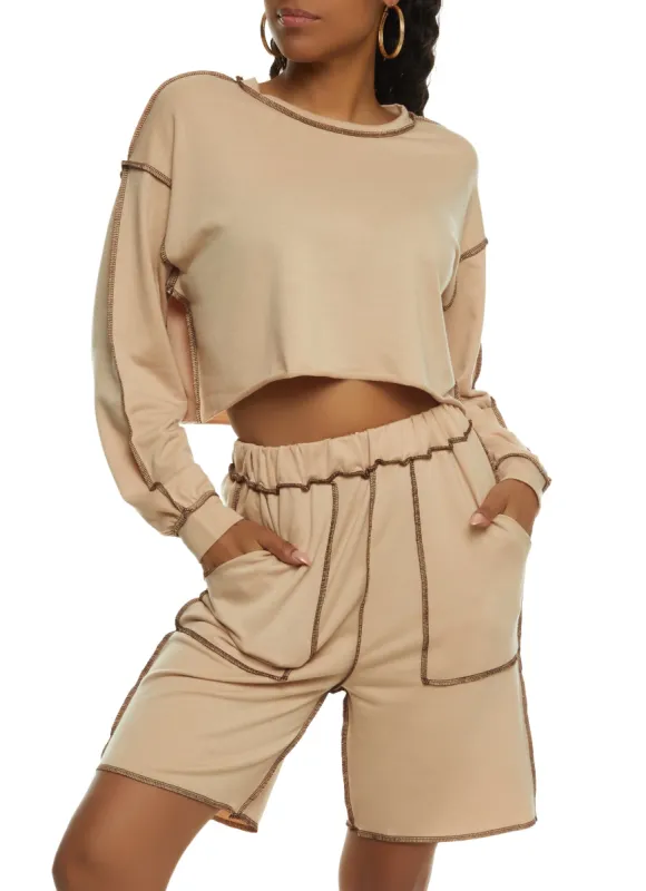 Contrast Stitch Long Sleeve Crop Top and Shorts sold by Rainbow