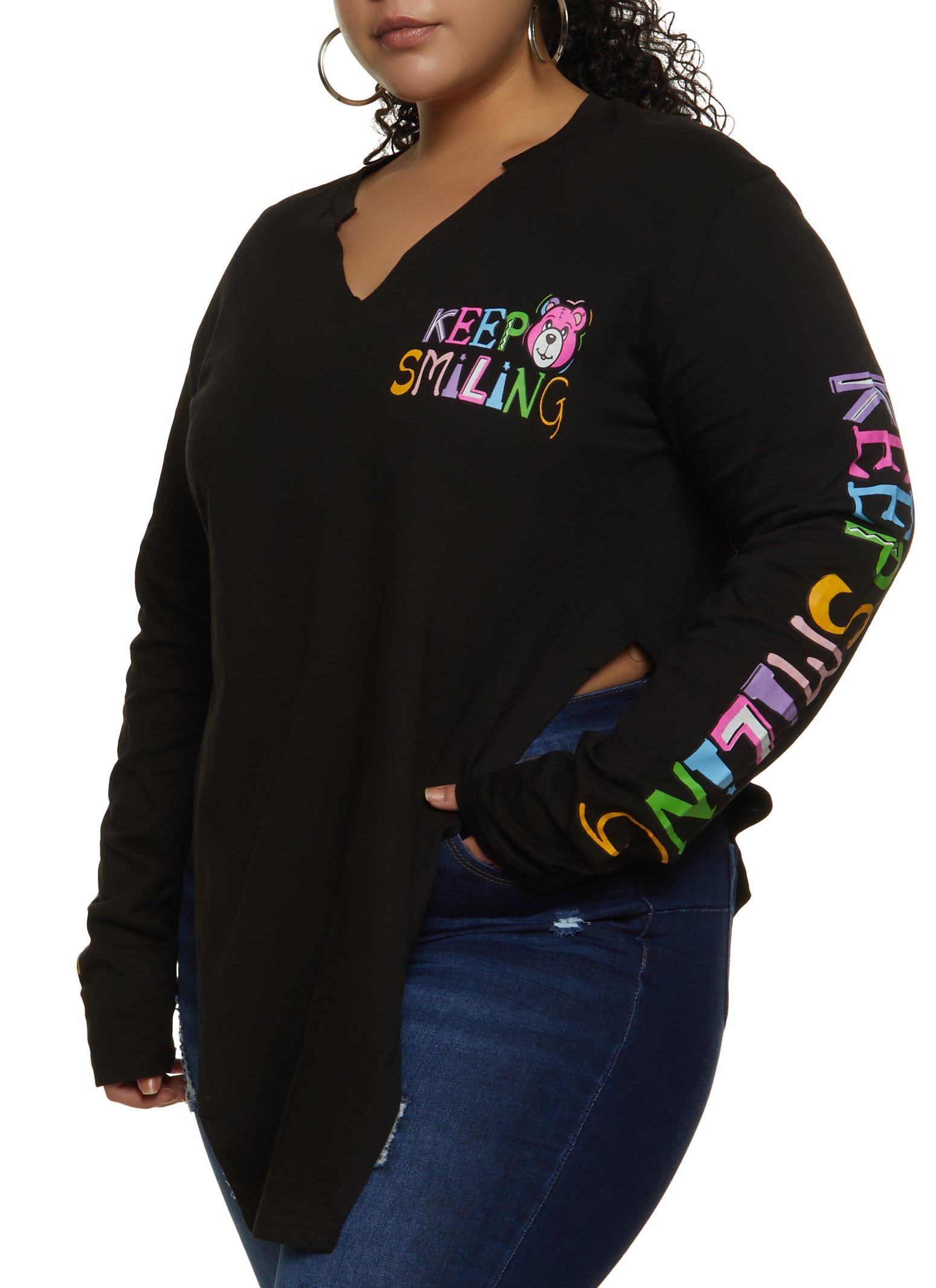 Plus Size Keep Smiling Hanky Hem Graphic Tee sold by Rainbow