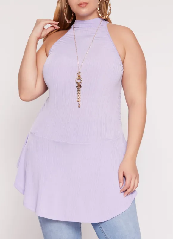Plus Size Textured Knit High Neck Blouse with Necklace sold by Rainbow