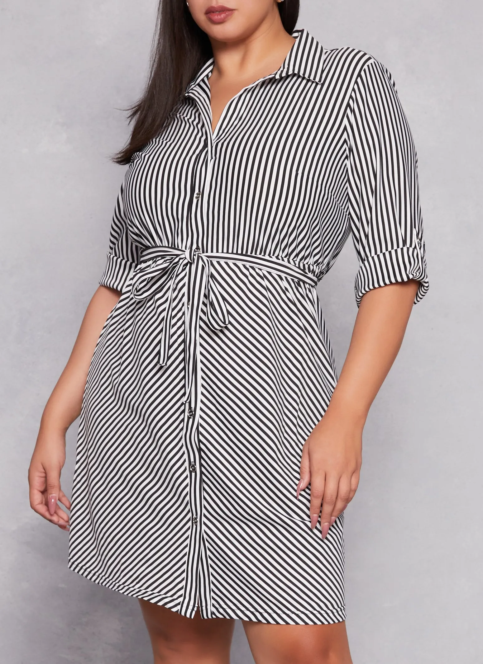 Plus Size Striped Button Front Tabbed Sleeve Shirt Dress sold by Rainbow