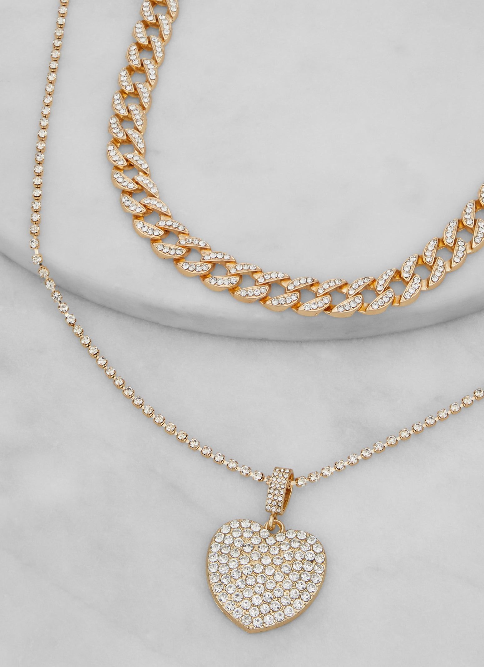 Layered Rhinestone Cuban Chain Link Heart Pendant Necklace sold by Rainbow product image thumbnail 2