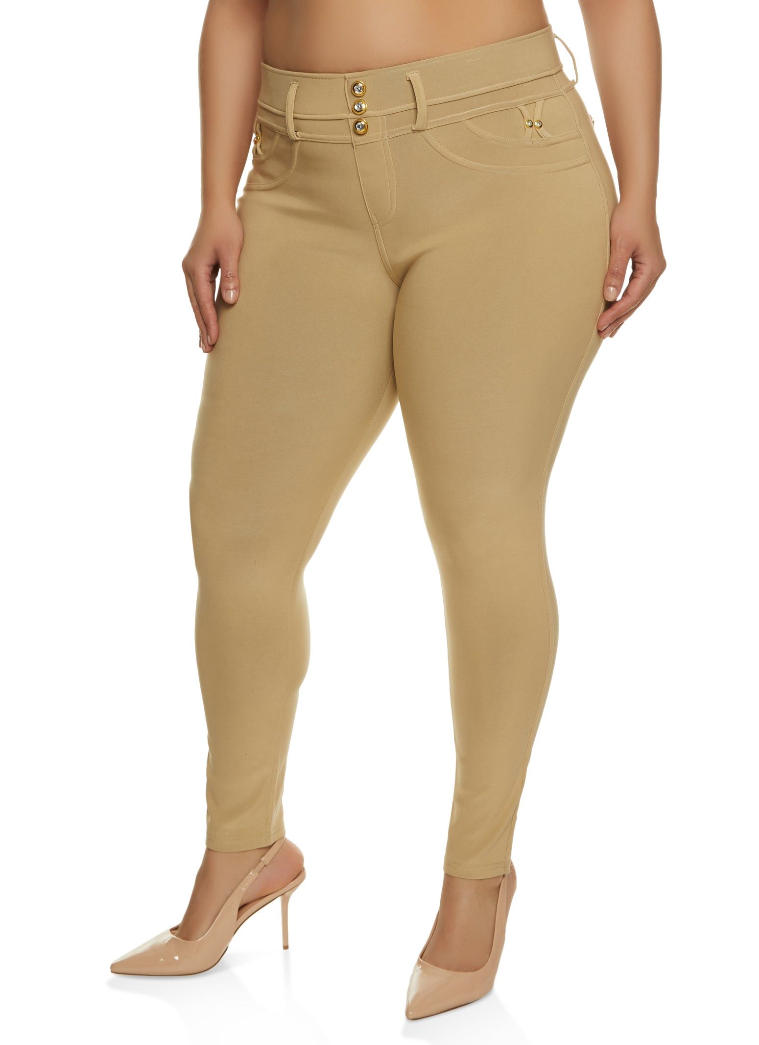 Plus Size Three Rhinestone Faux Button Pants sold by Rainbow