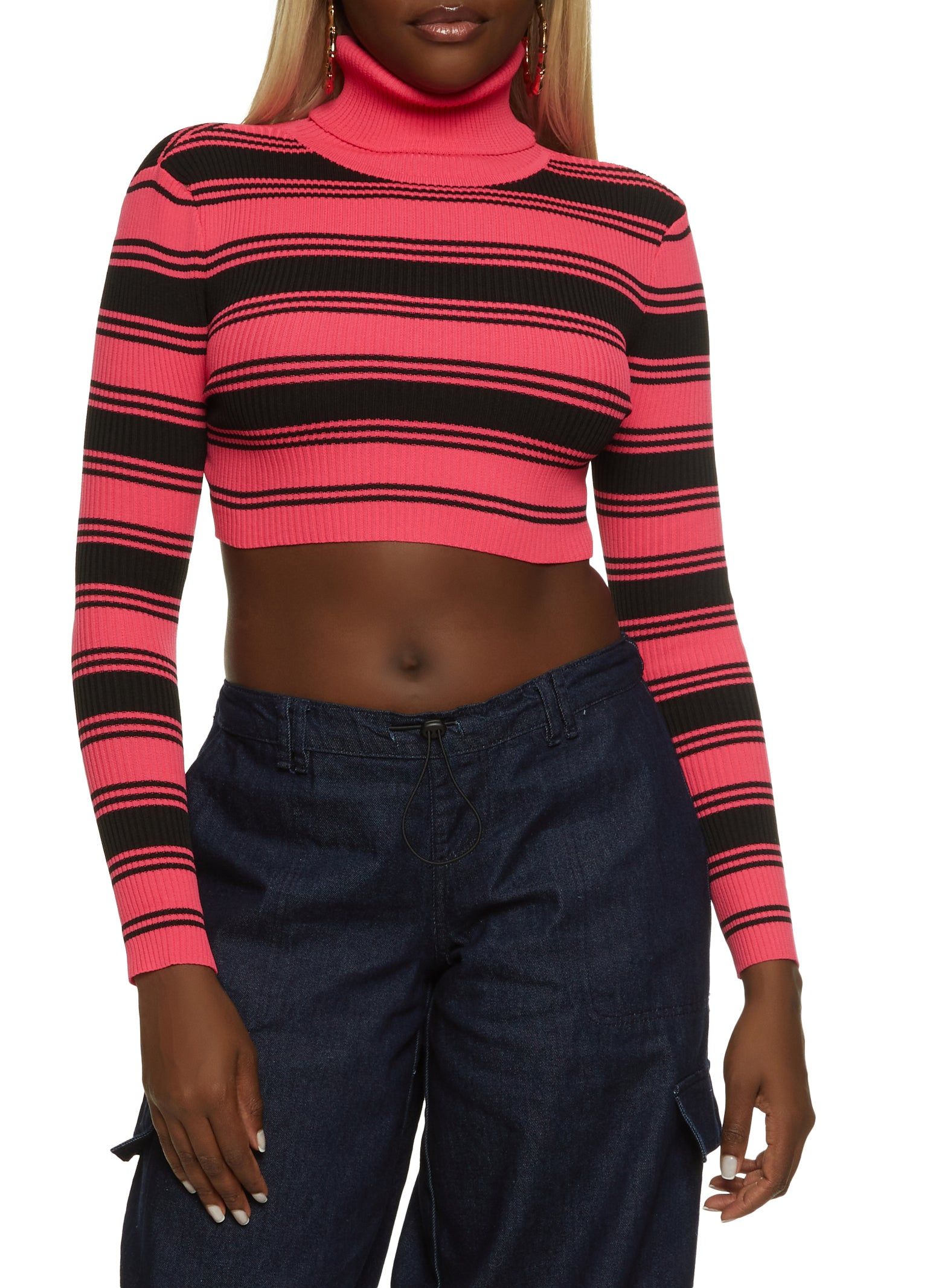 Striped Ribbed Knit Turtleneck Crop Top sold by Rainbow