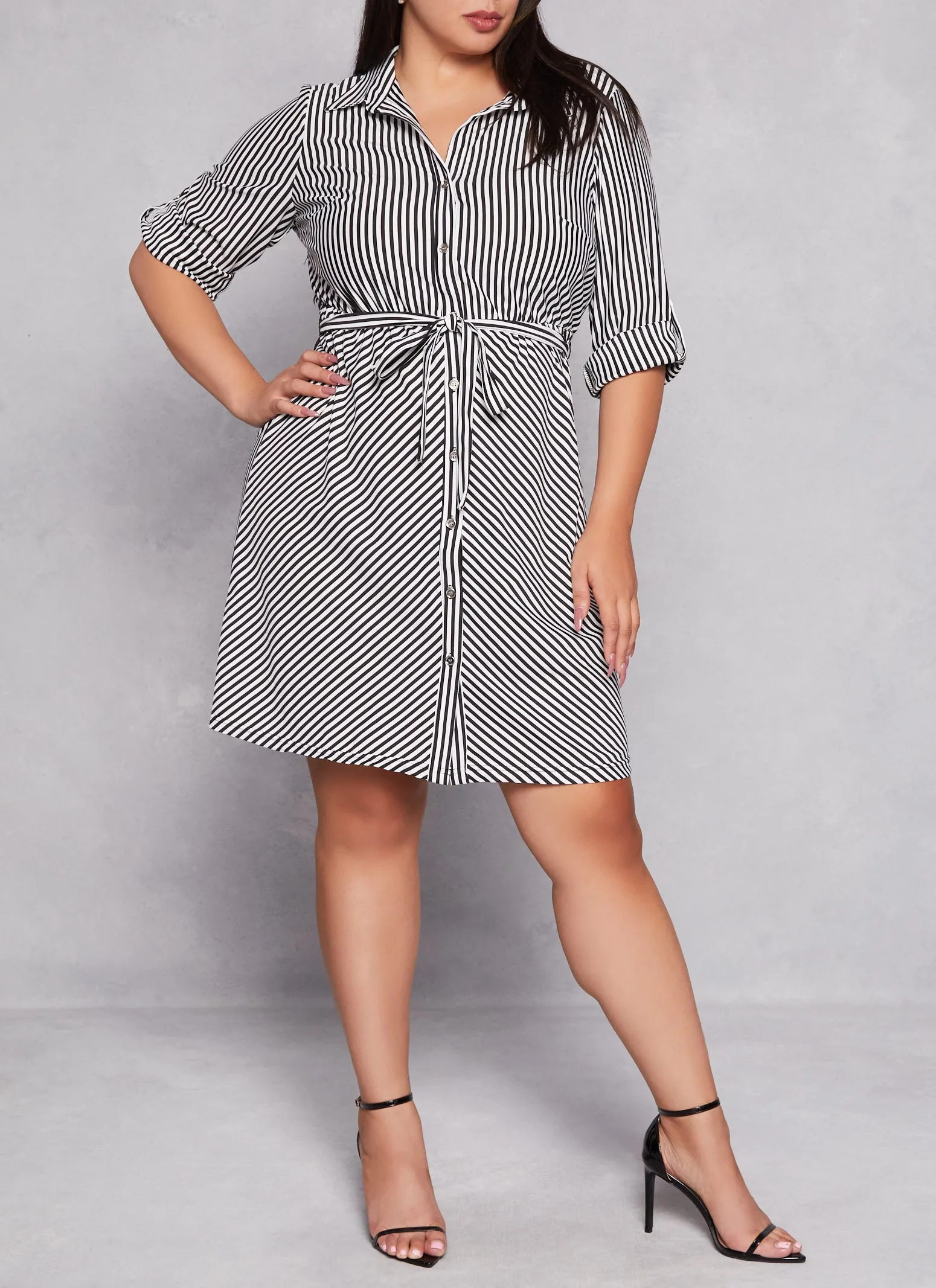 Plus Size Striped Button Front Tabbed Sleeve Shirt Dress sold by Rainbow product image thumbnail 2