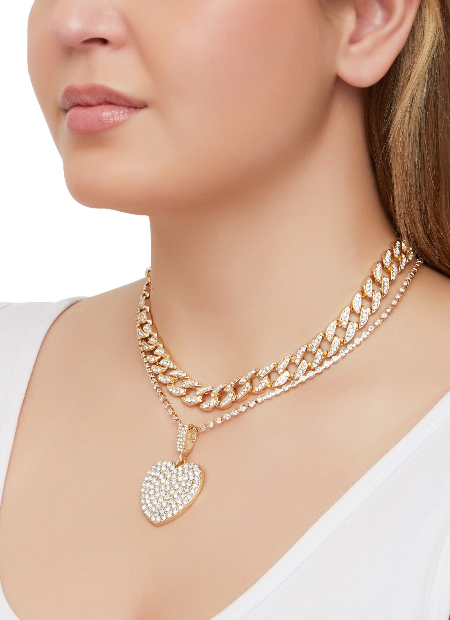 Layered Rhinestone Cuban Chain Link Heart Pendant Necklace sold by Rainbow
