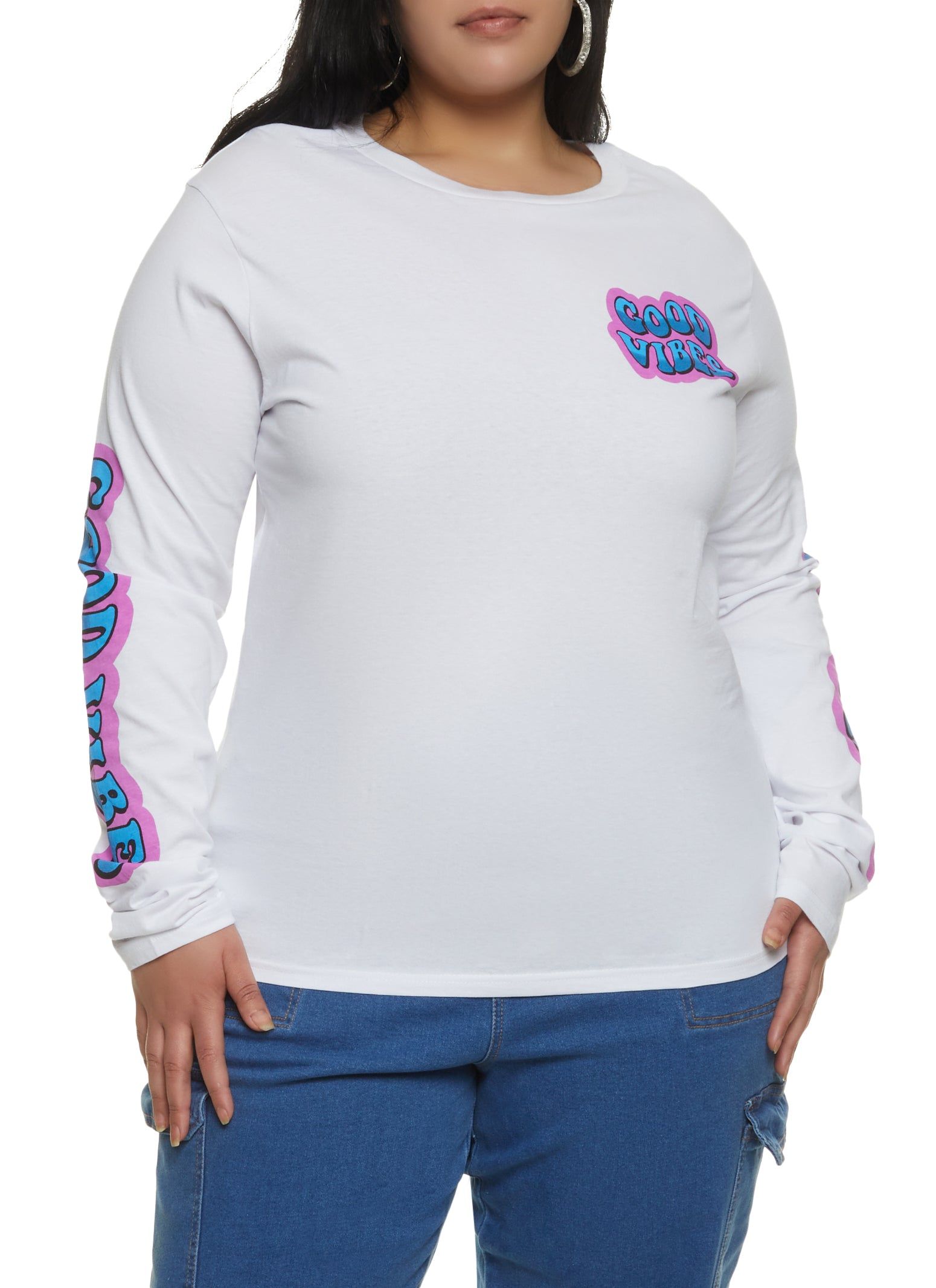 Plus Size Long Sleeve Good Vibes Bear Graphic Tee sold by Rainbow