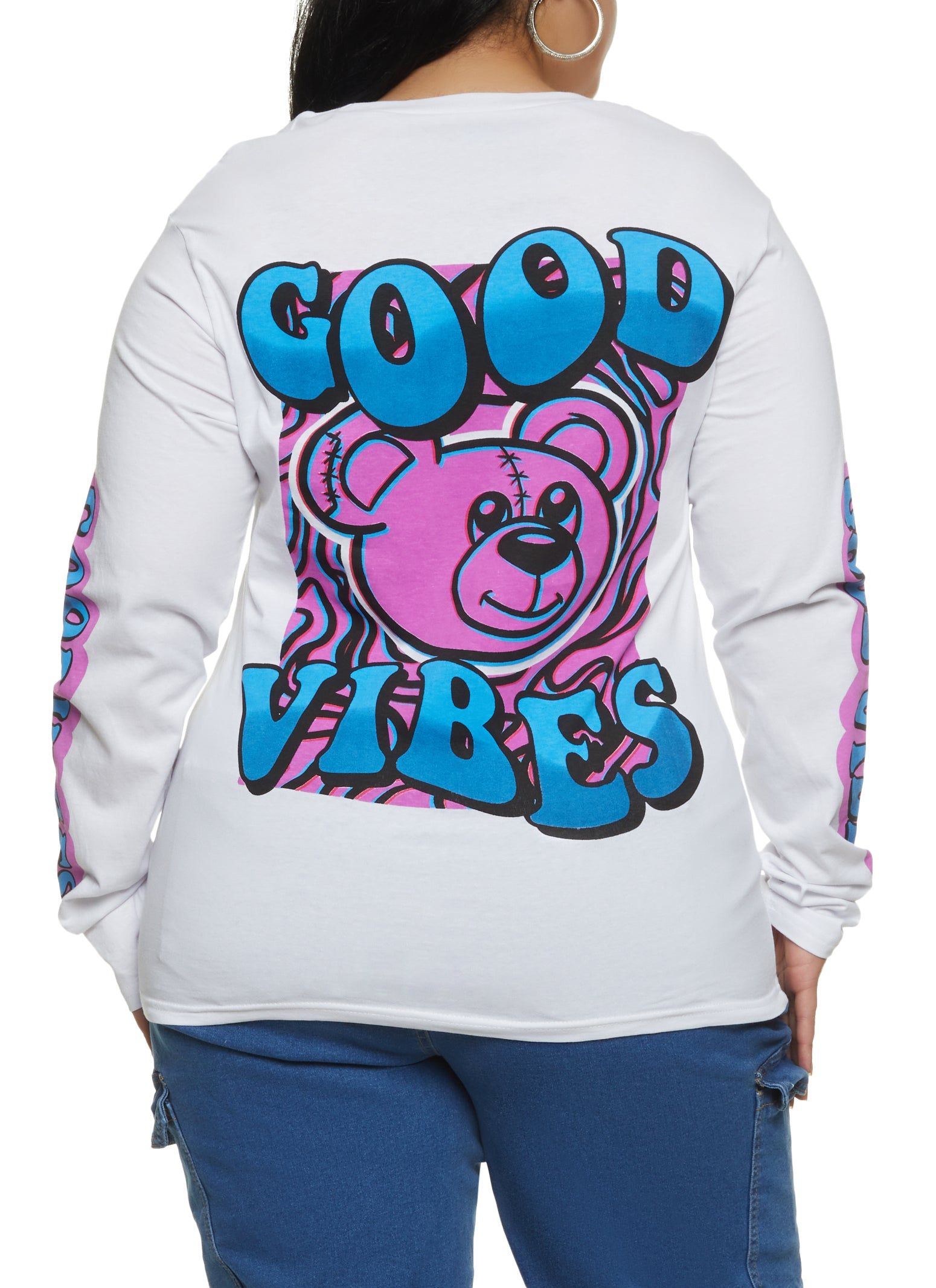 Plus Size Long Sleeve Good Vibes Bear Graphic Tee sold by Rainbow product image thumbnail 2