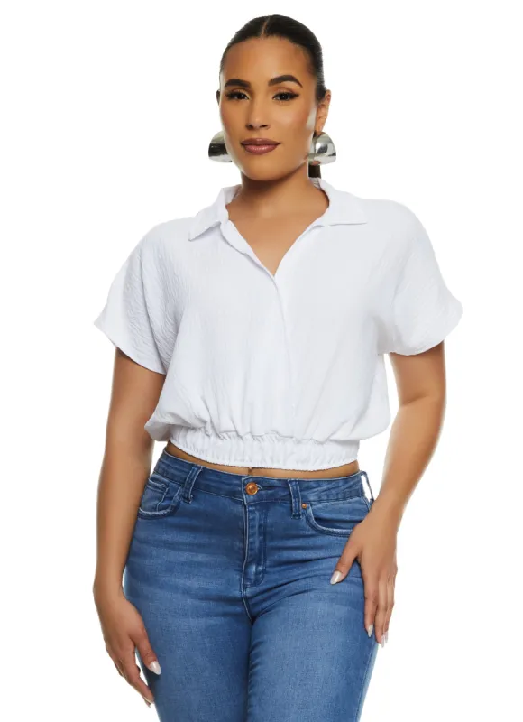 Gauze Knit Elastic Waist Short Sleeve Cropped Shirt sold by Rainbow