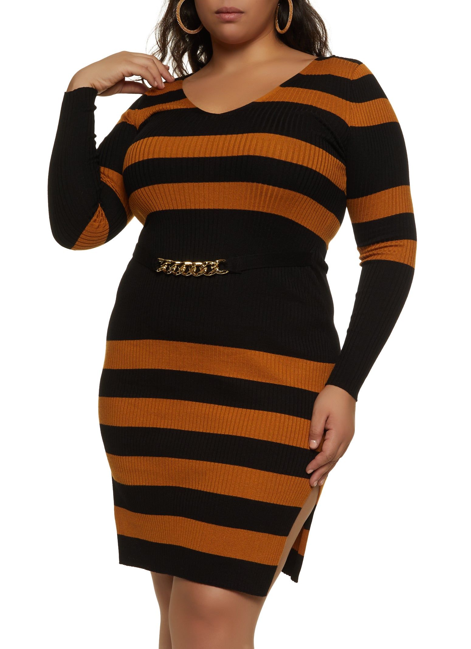 Plus Size Striped Chain Detail Sweater Dress sold by Rainbow