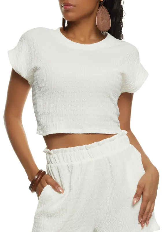 Textured Knit Cap Sleeve Crop Top sold by Rainbow