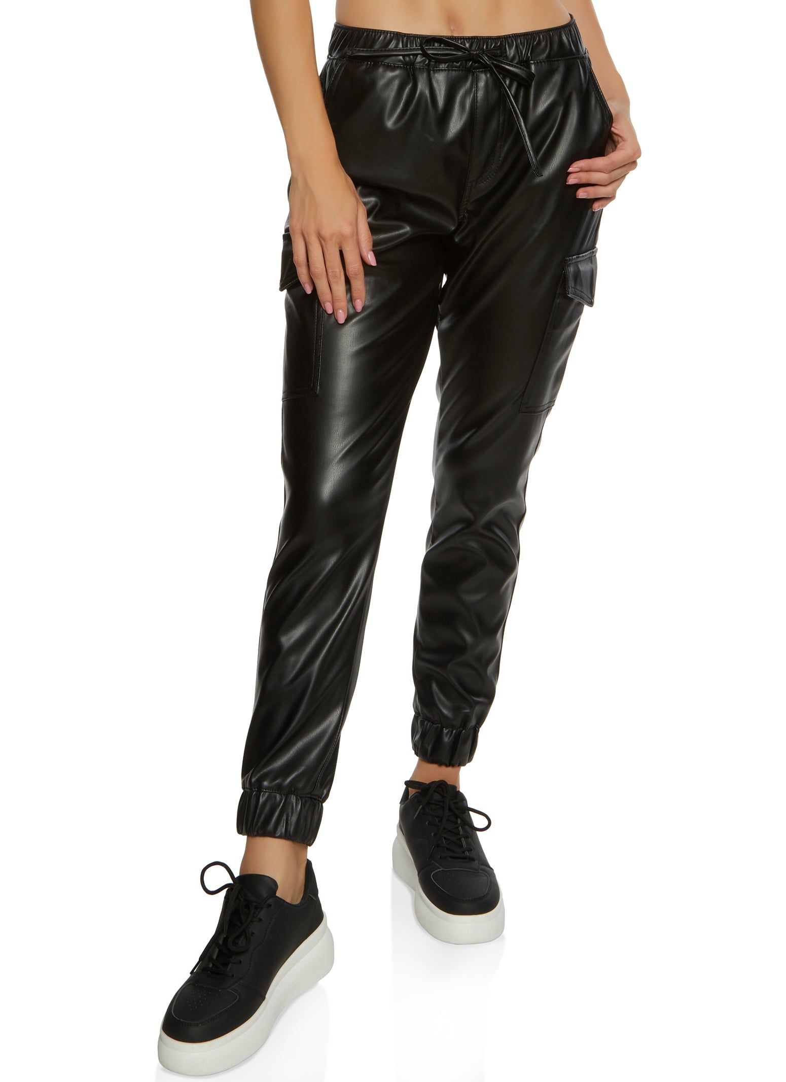 Faux Leather High Waist Cargo Pocket Joggers sold by Rainbow