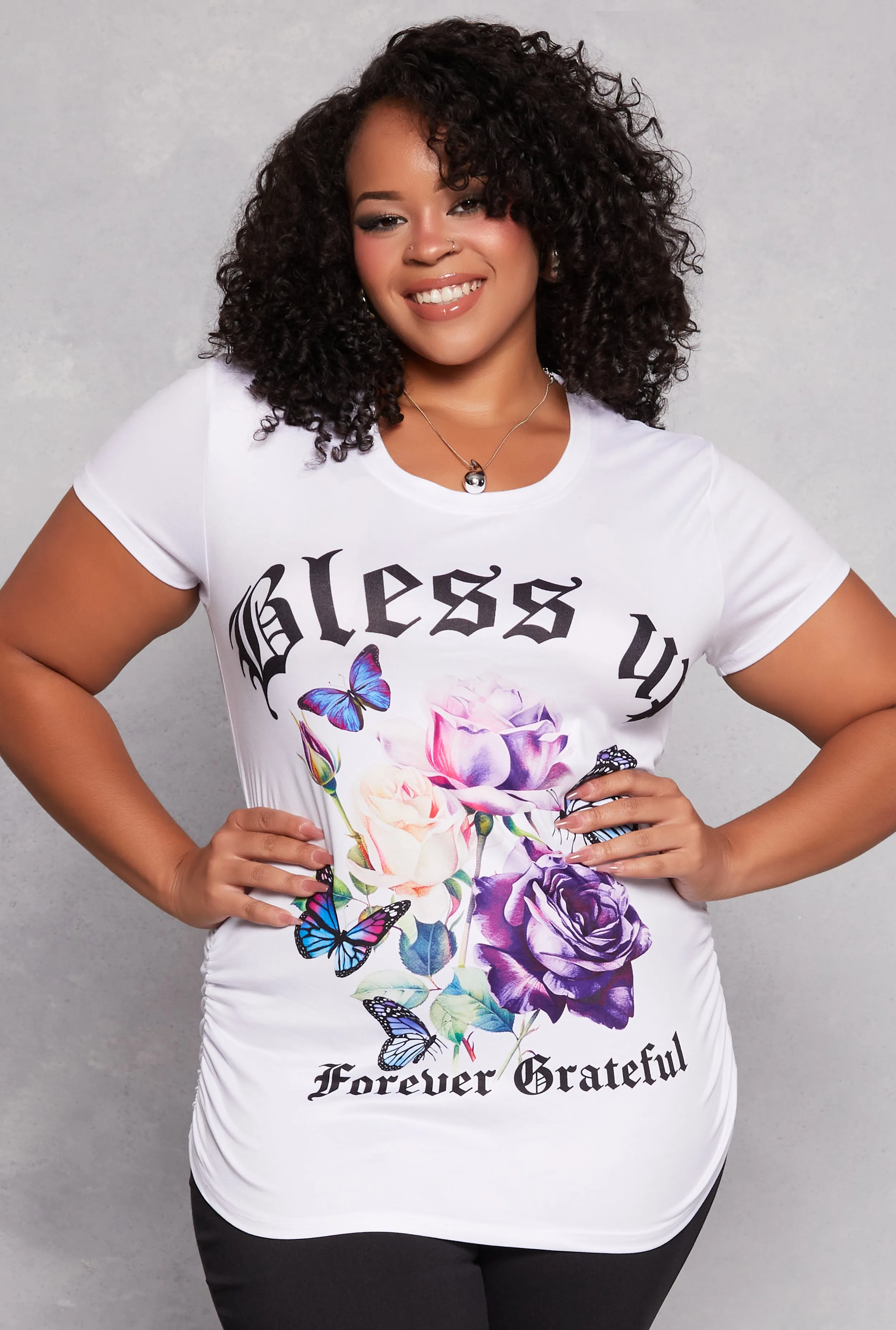 Plus Size Bless Up Ruched Graphic T Shirt sold by Rainbow