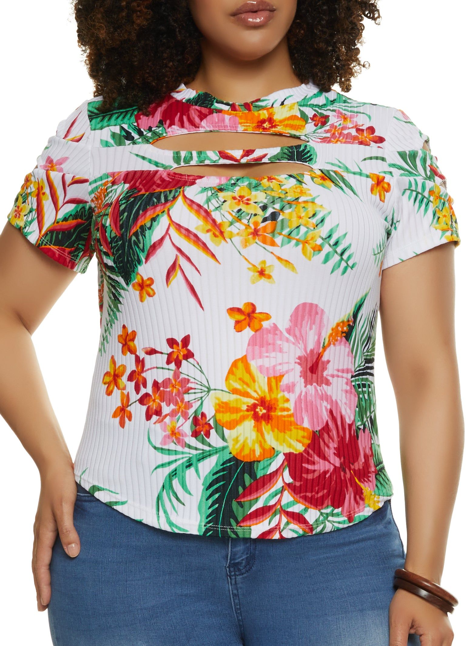 Plus Size Floral Double Keyhole Crew Neck Top sold by Rainbow
