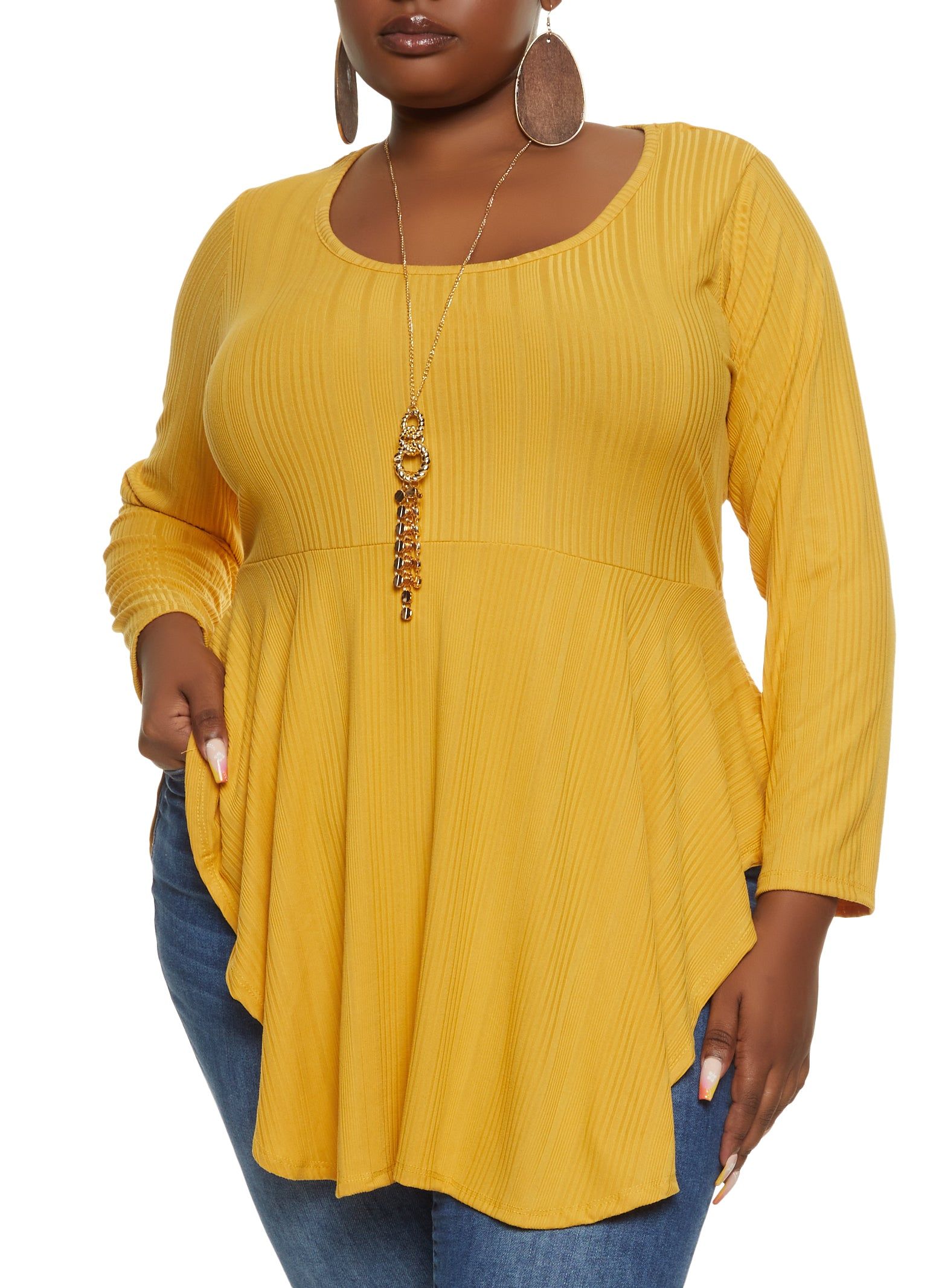 Plus Size Long Sleeve Peplum Top with Necklace sold by Rainbow
