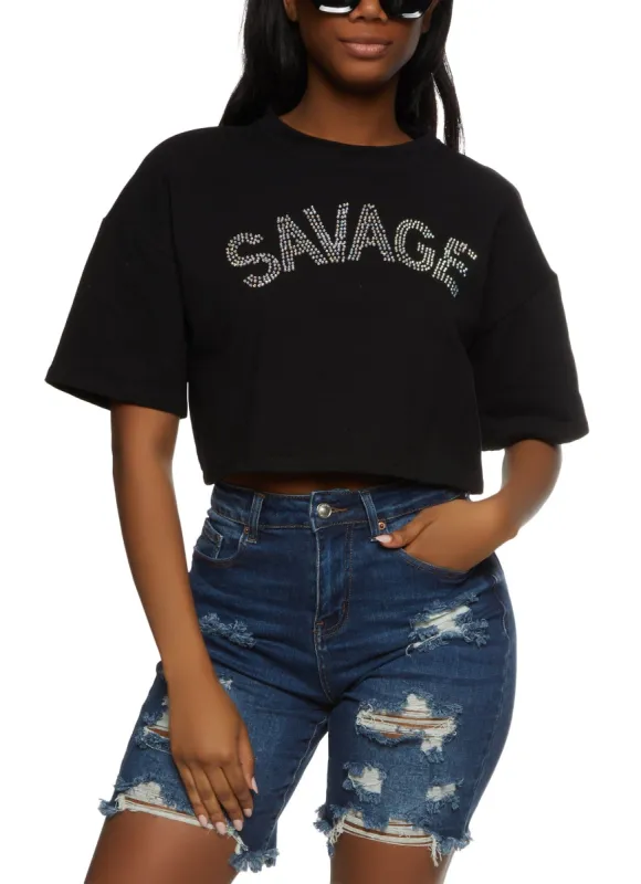 Savage Rhinestone Graphic Drop Shoulder Crop Top sold by Rainbow