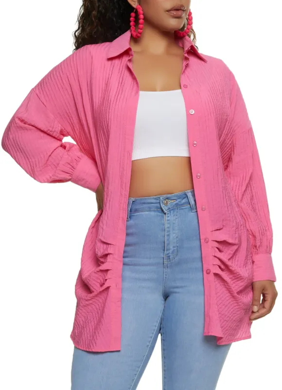Plus Size Airy Ruched Button Front Shirt sold by Rainbow