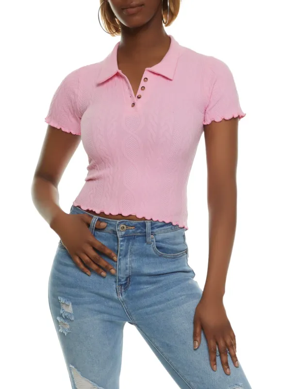 Lettuce Edge Cable Knit Polo Shirt sold by Rainbow