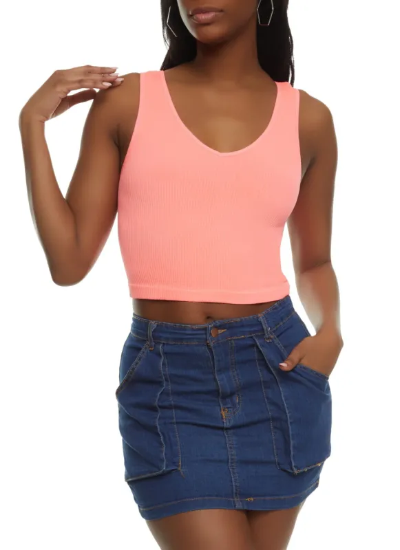 Seamless Ribbed Knit V Neck Cropped Tank Top sold by Rainbow
