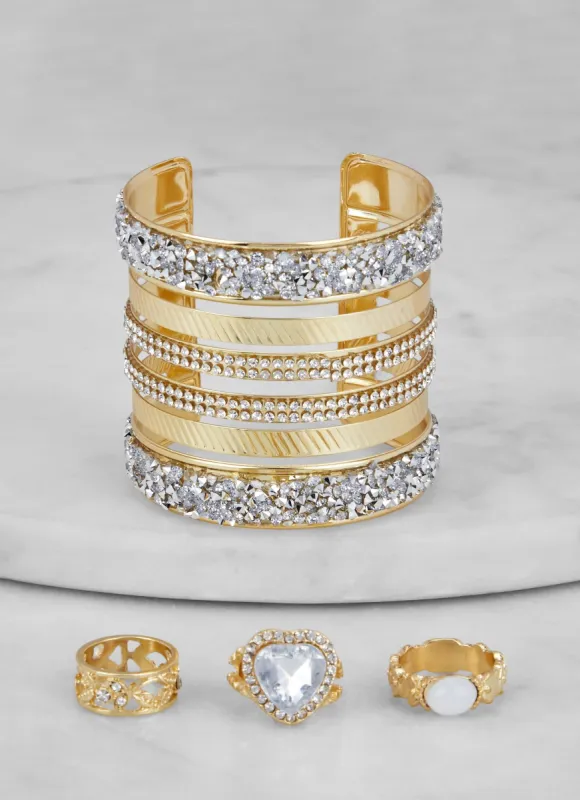 Rhinestone Cuff Bracelet and Ring Trio sold by Rainbow