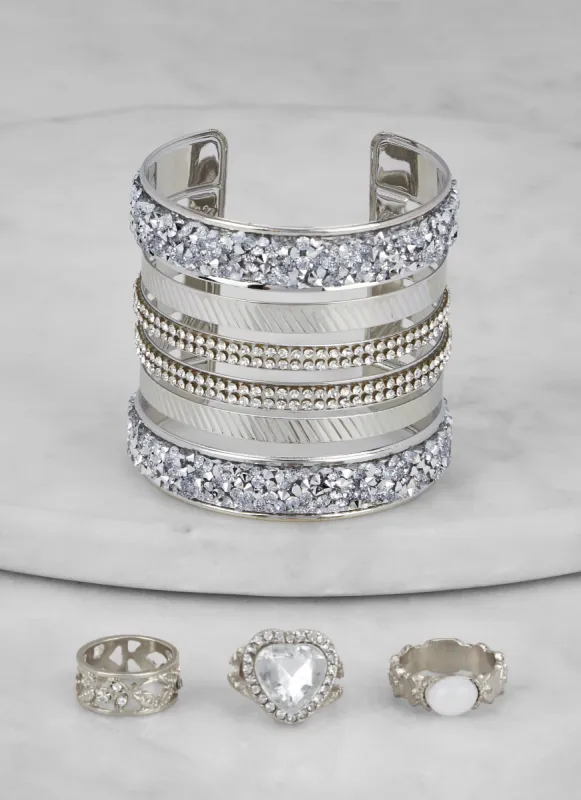 Rhinestone Cuff Bracelet and Ring Trio sold by Rainbow