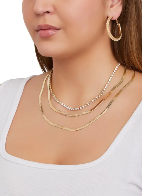 Rhinestone Layered Snake Chain Necklace and Caged Hoop Earrings sold by Rainbow