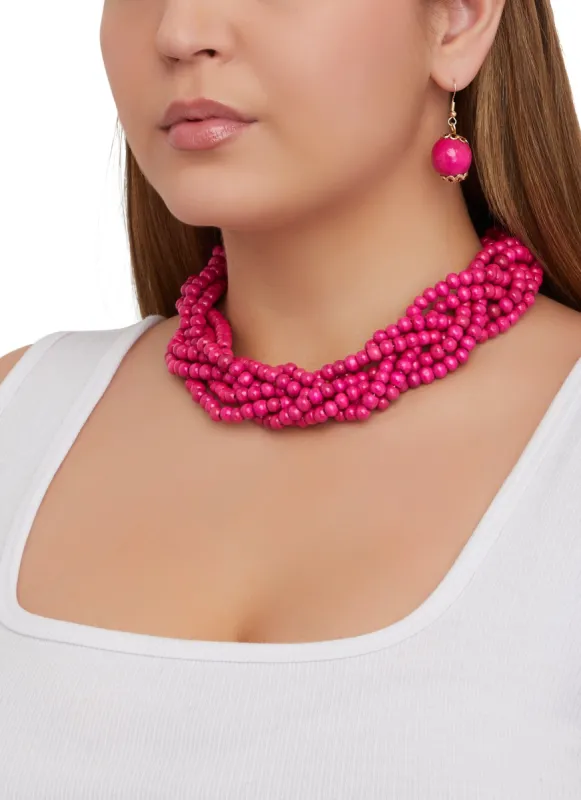 Wooden Beaded Twist Necklace and Drop Earrings sold by Rainbow