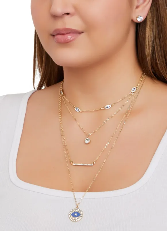 Rhinestone Evil Eye Layered Chain Necklace and Stud Earrings sold by Rainbow