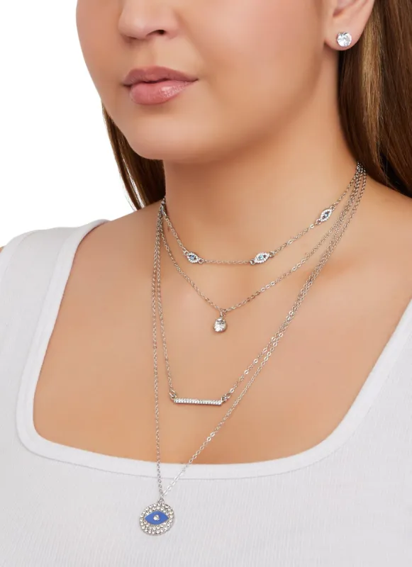 Rhinestone Evil Eye Layered Chain Necklace and Stud Earrings sold by Rainbow
