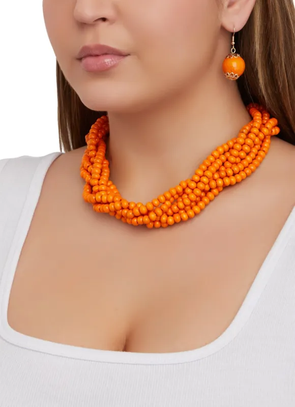 Wooden Beaded Twist Necklace and Drop Earrings sold by Rainbow