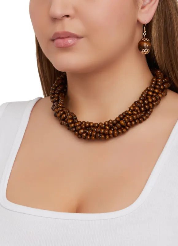 Wooden Beaded Twist Necklace and Drop Earrings sold by Rainbow