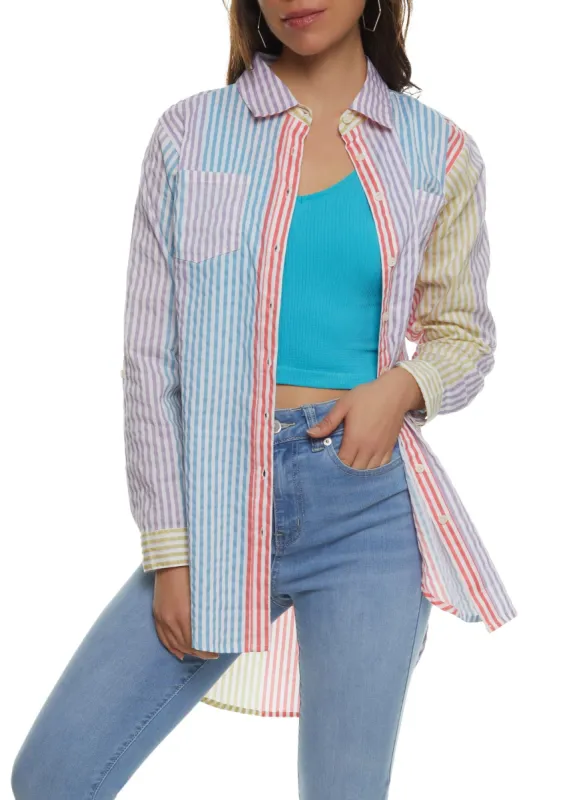 Color Block Long Sleeve Button Down Tunic Shirt sold by Rainbow