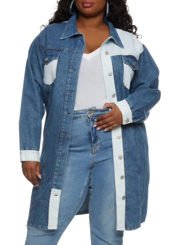Plus Size Color Block Button Front Longline Jean Jacket sold by Rainbow