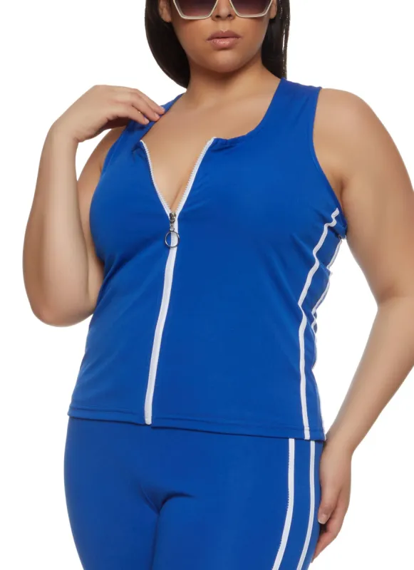 Plus Size Varsity Stripe Zip Front Tank Top sold by Rainbow