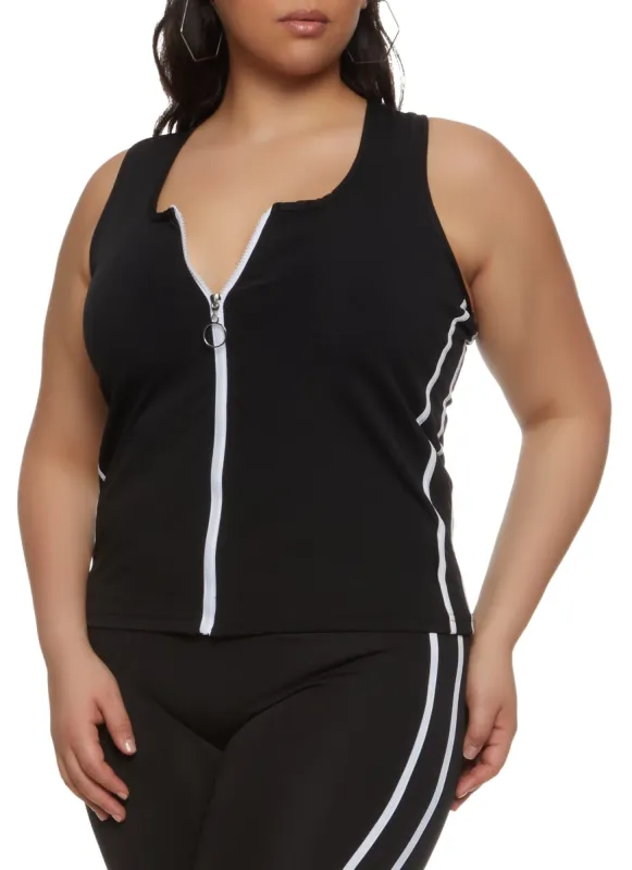 Plus Size Varsity Stripe Zip Front Tank Top sold by Rainbow