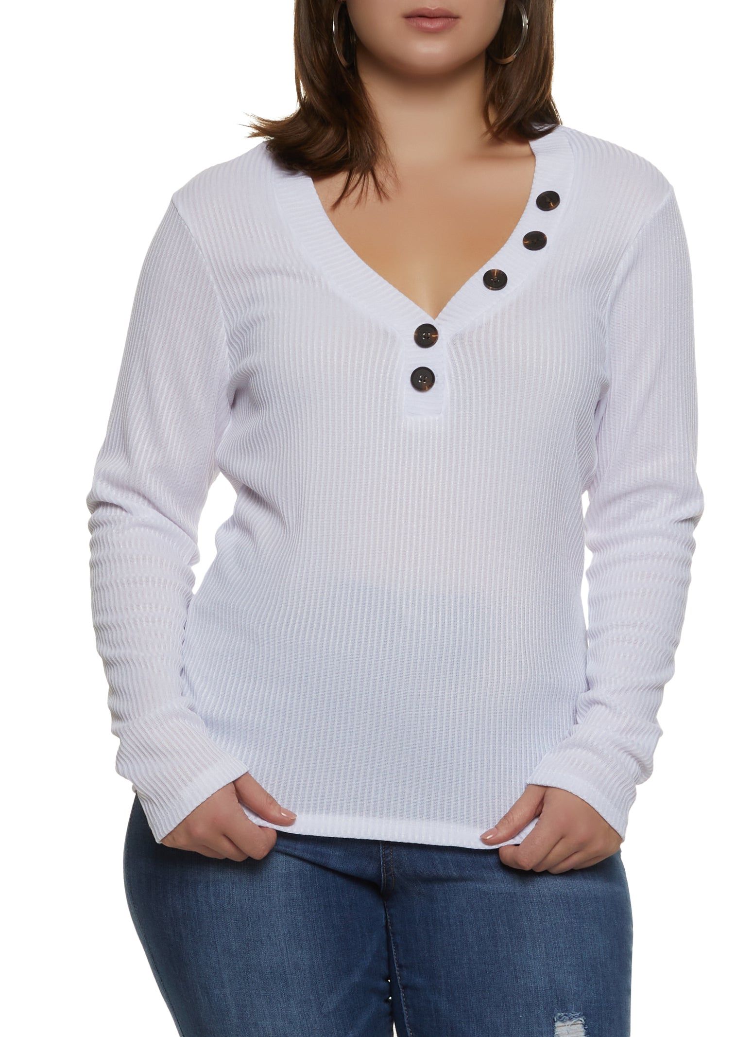 Plus Size Faux Button V Neck Top sold by Rainbow